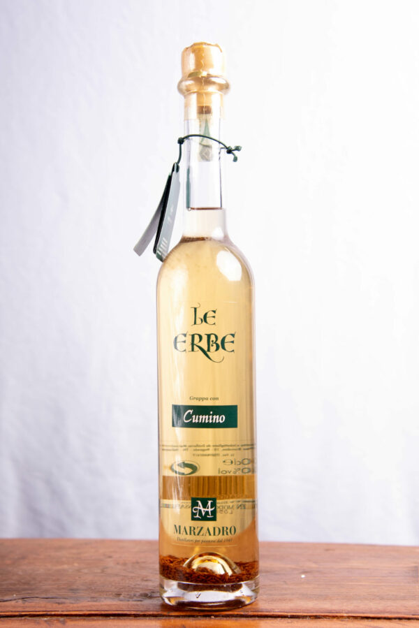 Grappa con Cumino" della linea "Le Erbe" di Marzadro